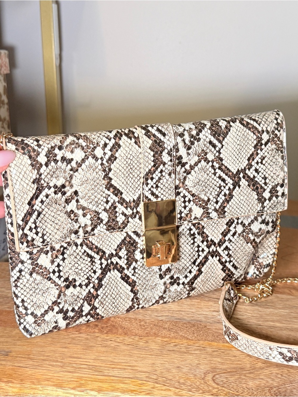 Snake-Print Foldover Crossbody Clutch in Beige and Brown